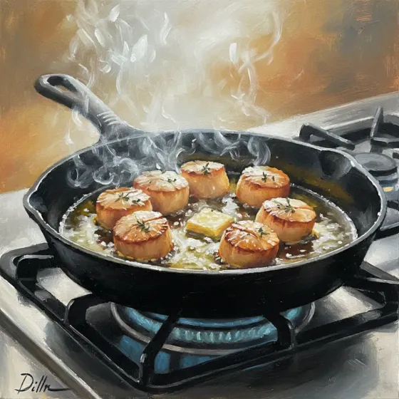 Scallops searing in a hot pan