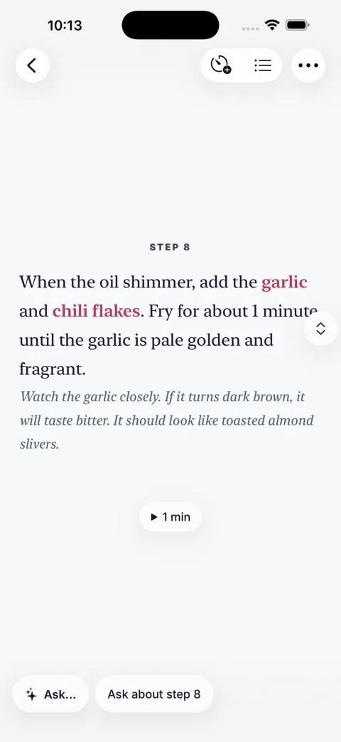 Step-by-step cooking mode in the Dillr app, with a timer and answers about the current step