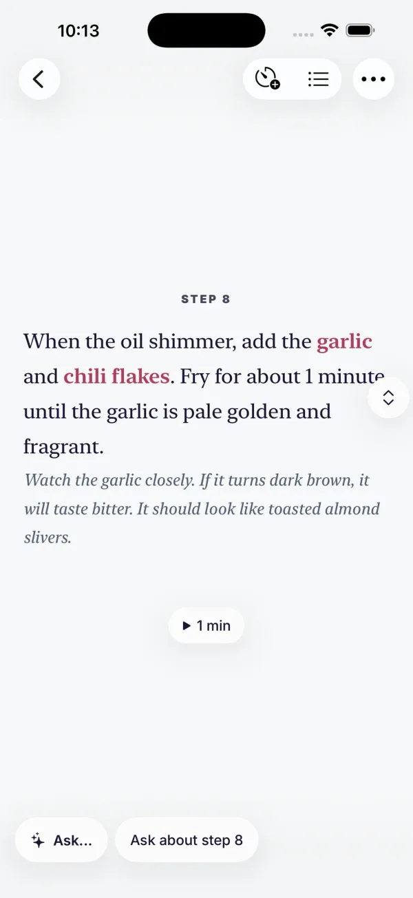Dillr cooking mode — one step at a time, with a timer and answers about the current step