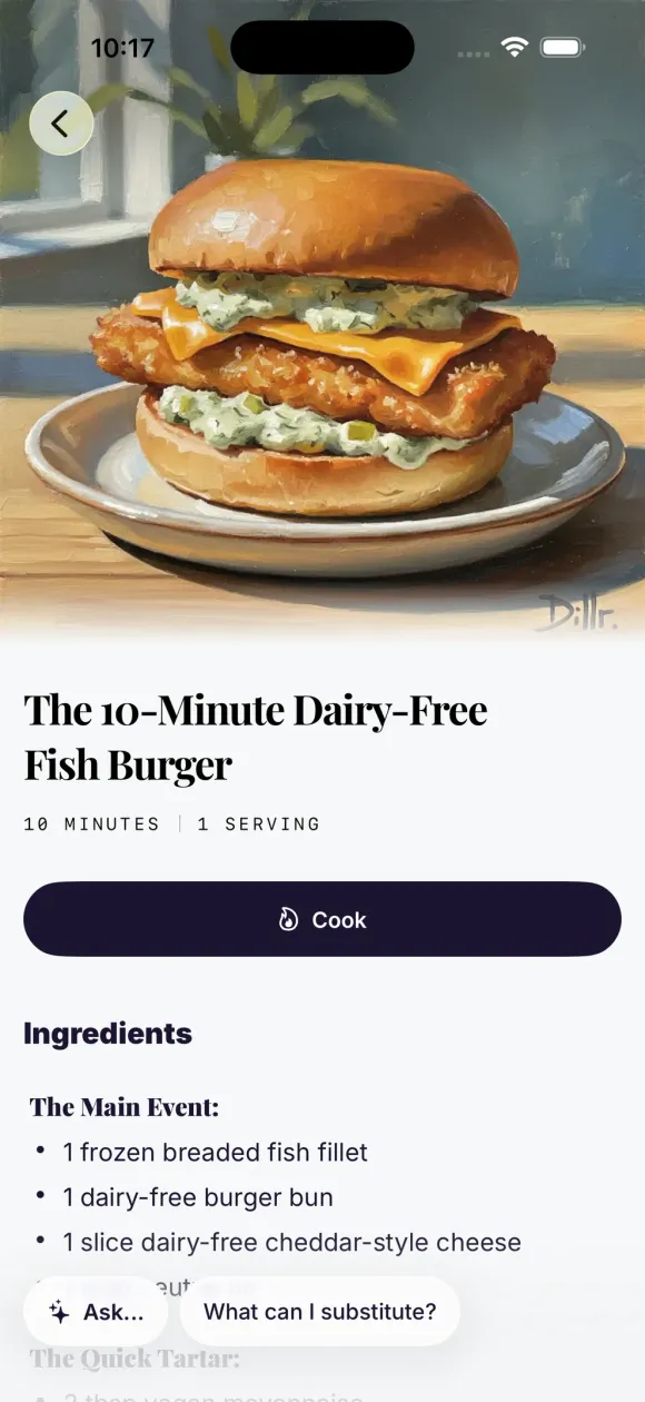 A dairy-free fish burger recipe in Dillr — the adaptation is already in the ingredients