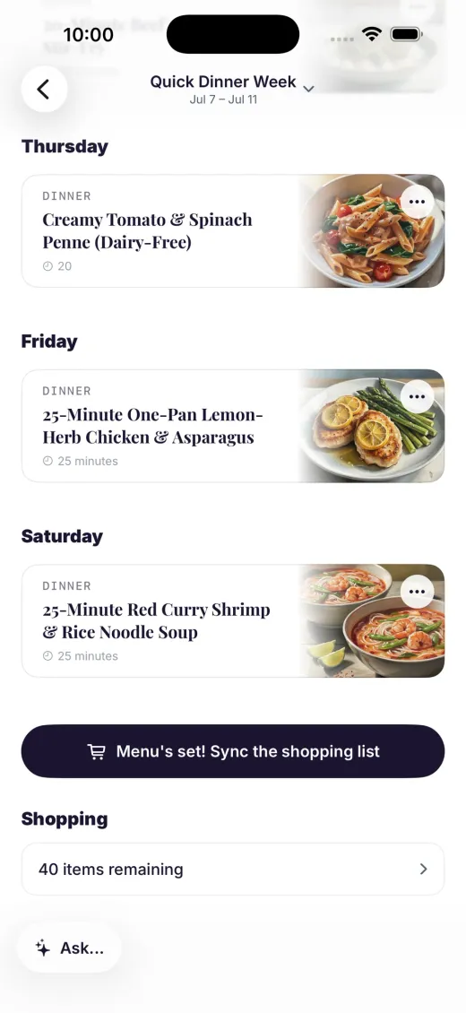 A week of planned dinners in Dillr, with the shopping list synced from the menu — 40 items ready