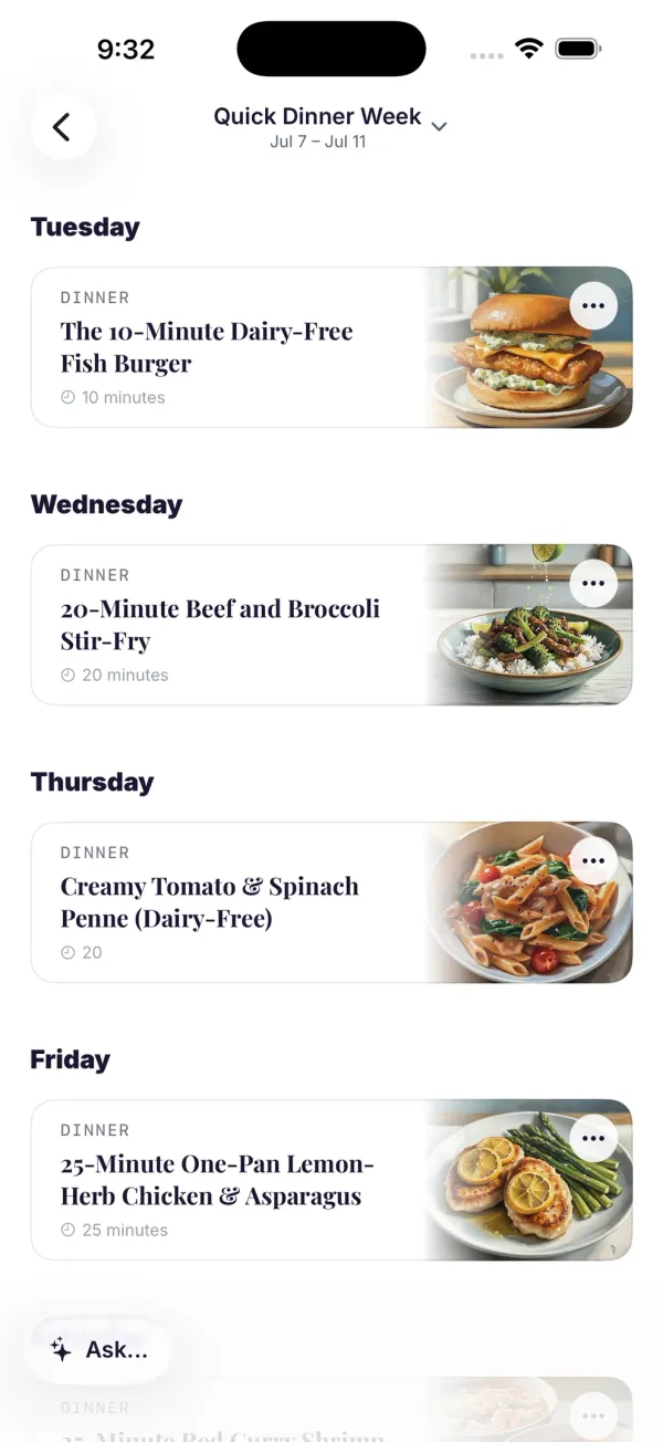 A planned week of dinners in Dillr — each day a real recipe with time and photo