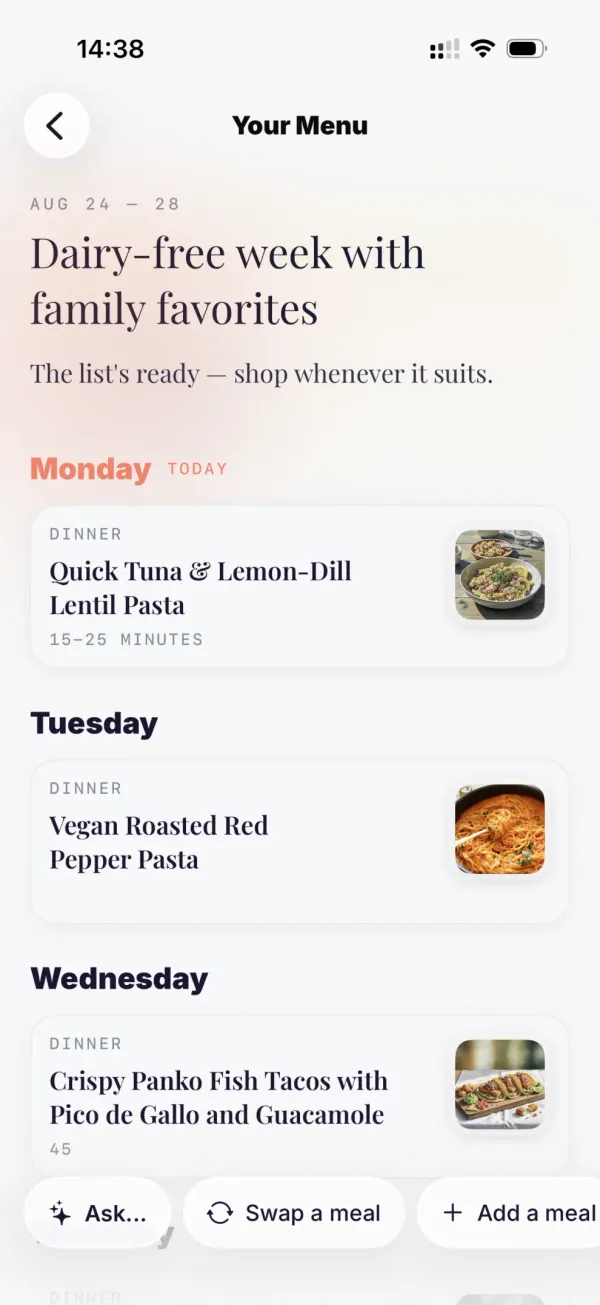 Your Menu in Dillr — a dairy-free week of dinners, each day a real recipe with time and photo