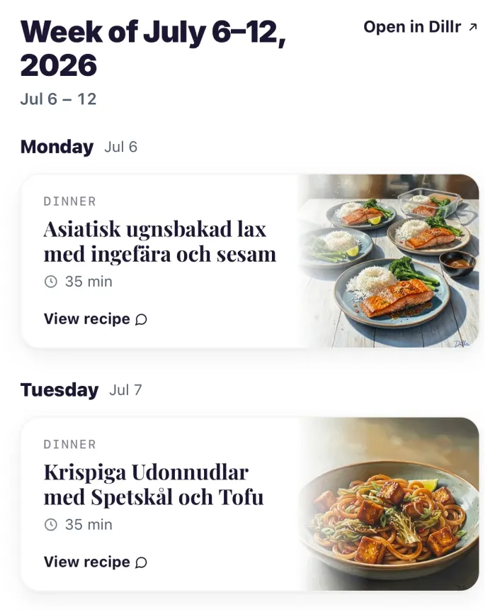 The Dillr menu widget in ChatGPT — a saved week of dinners with photos and recipe links