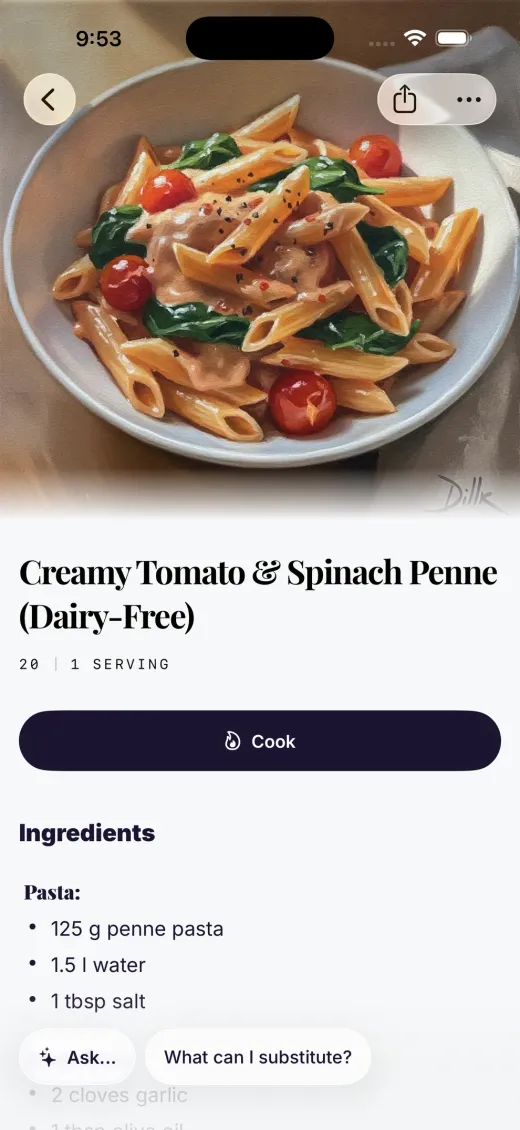 A recipe in Dillr — creamy tomato and spinach penne, adapted dairy-free