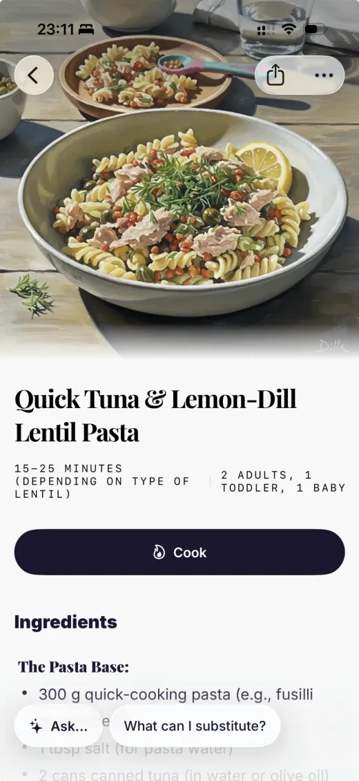 A recipe in Dillr — Quick Tuna & Lemon-Dill Lentil Pasta, tonight's dinner