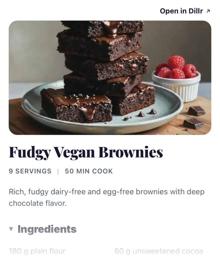 The Dillr recipe widget in ChatGPT — fudgy vegan brownies with photo, servings, and ingredients