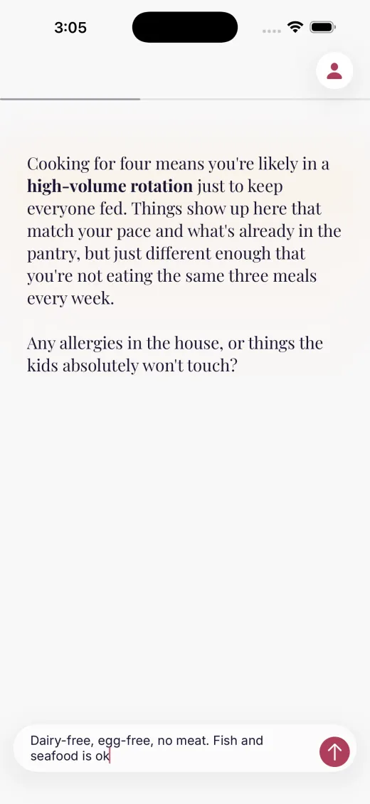 Describing your dietary situation during onboarding