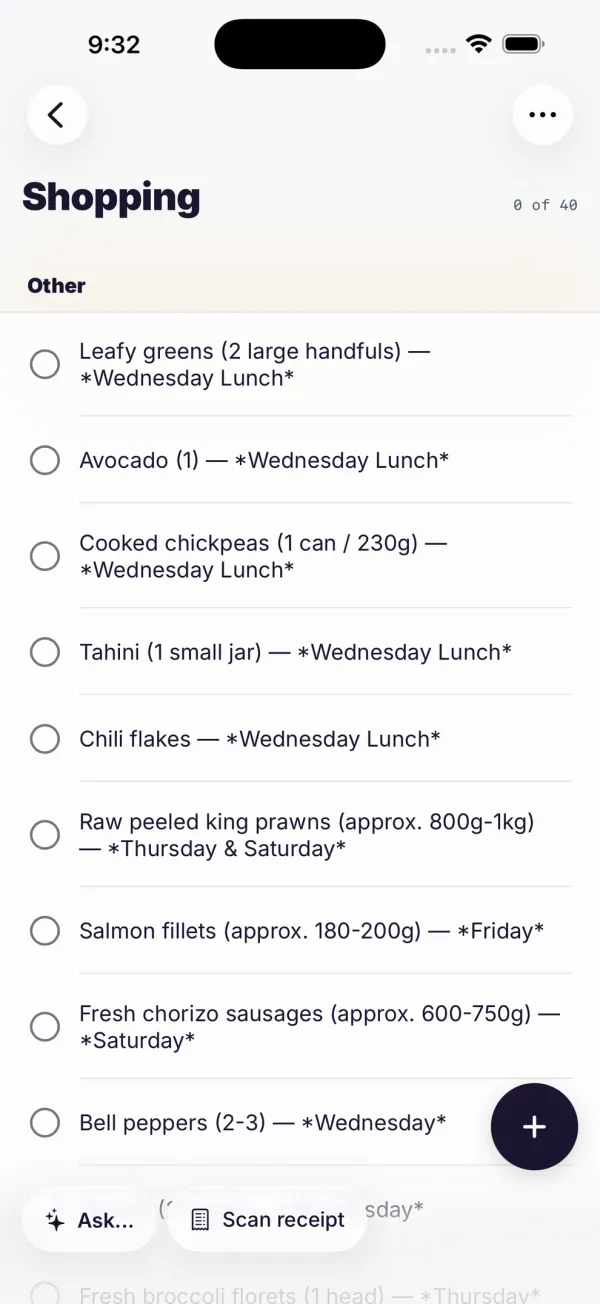 The week's shopping list in Dillr, built automatically from the menu