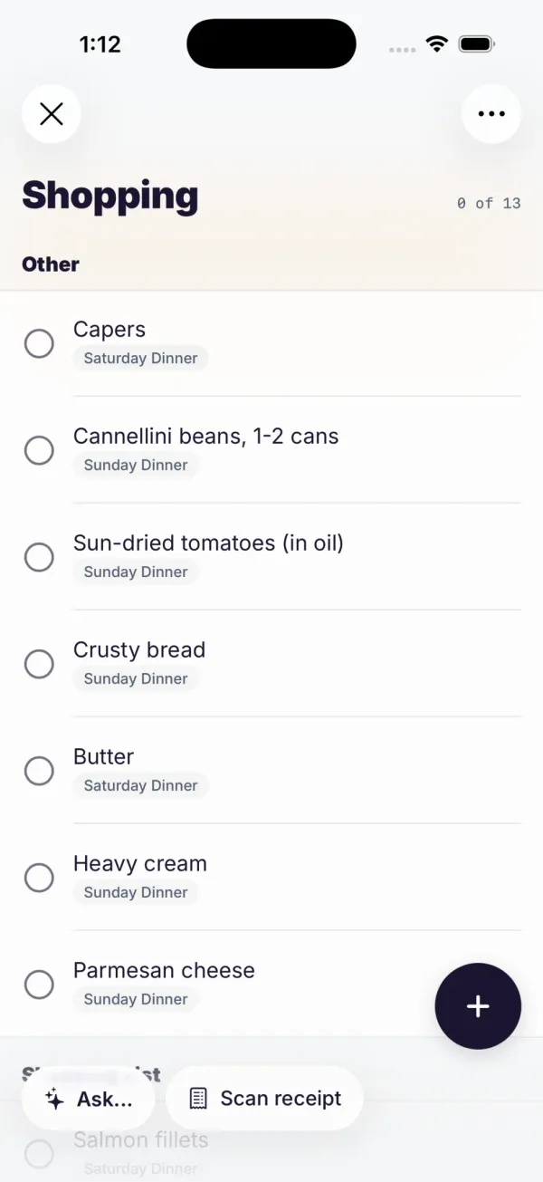 The week's shopping list in Dillr, built automatically from the menu — each item tagged with the dinner it's for