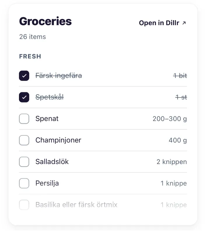 The Dillr shopping list widget in ChatGPT — grouped items with two already checked off